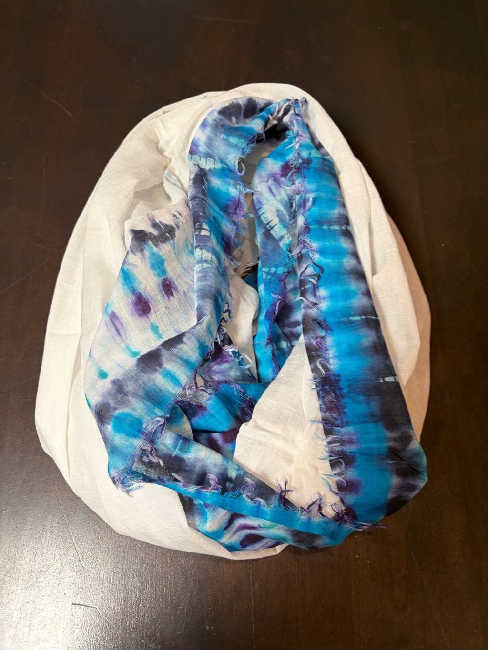 Steve Madden White Scarf with Blue and Purple Tie-Dye 35x40